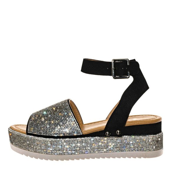 NEW Bling Silver Rhinestone Peep Toe Flat Platform Wedge Heel Sandal Ankle Strap - Picture 7 of 12